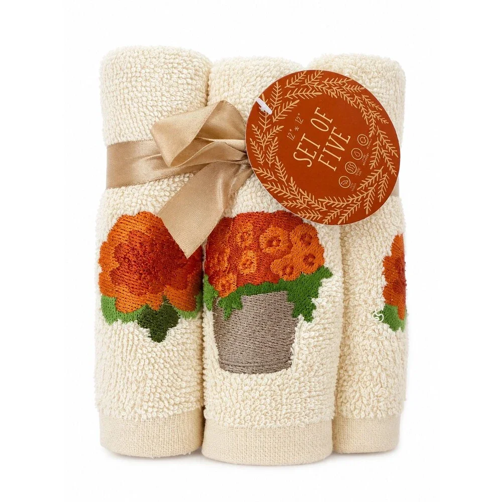 Thanksgiving Floral Washcloths Set of 5 Beige Embroidered Fall Face Cloths